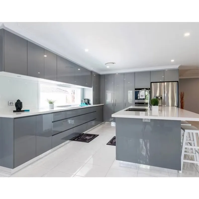 Modern Gray Color Glossy Mdf Wood Kitchen Cabinets Designs Full Set High Gloss Grey Finish Lacquer Kitchen Cabinet