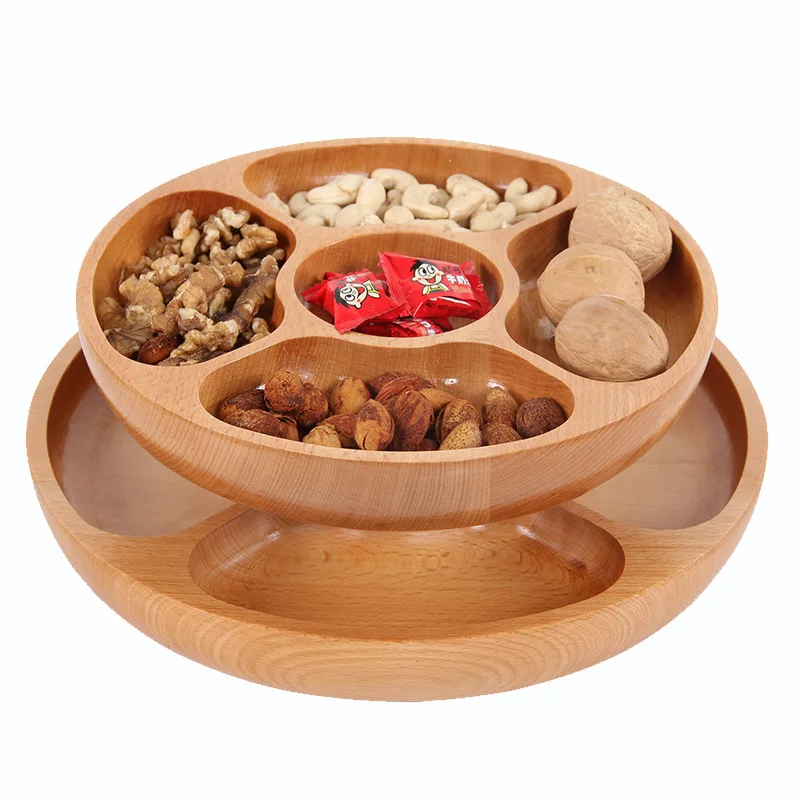 Plato innovador de madera de olmo estilo japonés con cinco compartimentos para dulces, caja redonda para frutas para sala de estar, plato de exhibición para hotel