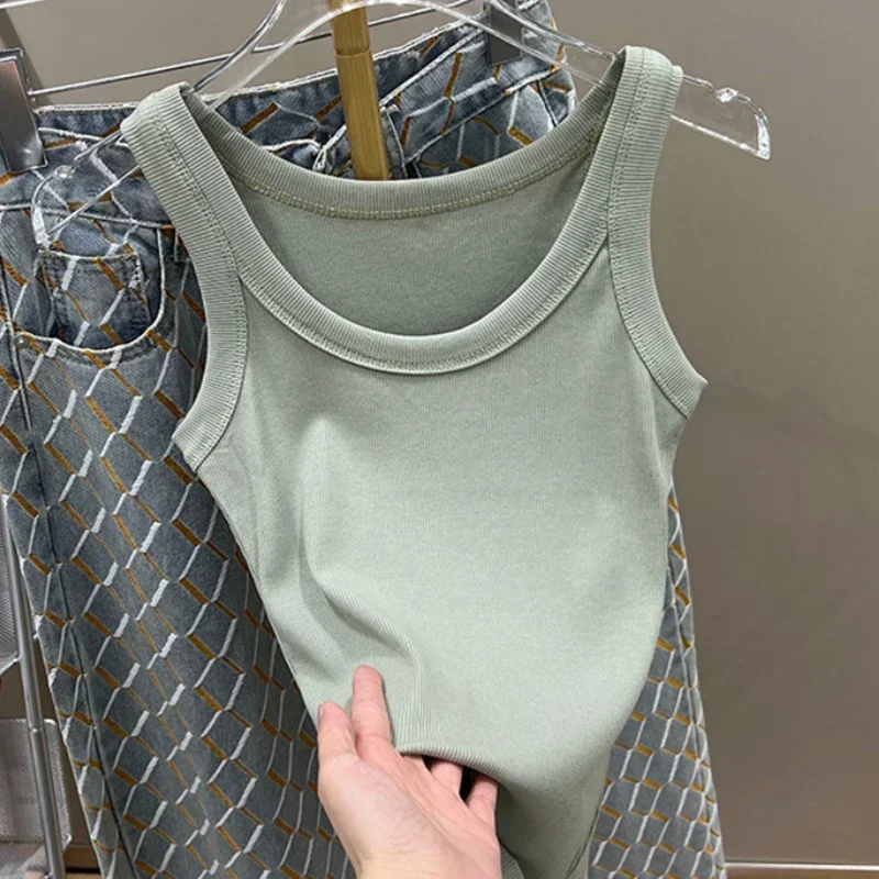 Frauen Einfarbig Basic Geripptes Gestricktes Tank Top 2026 Sommer Vintage Ärmellose Camis 90er Jahre Coole Mädchen Streetwear Grün Weiche T-shirts