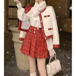 Winter Christmas Women Red Matching Set Sweet Faux Fur Coat + Mini Plaid Pleated Skirt  2PCS Set Lolita Y2k Party Club Outfits