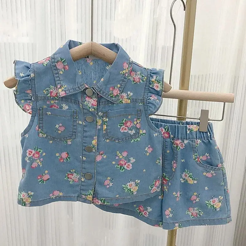 

Korean Style Kids Short Sleeved Floral Denim Shirt+Shorts Sets For Baby Girls Summer Fashion Two-Piece Flower Print Suits