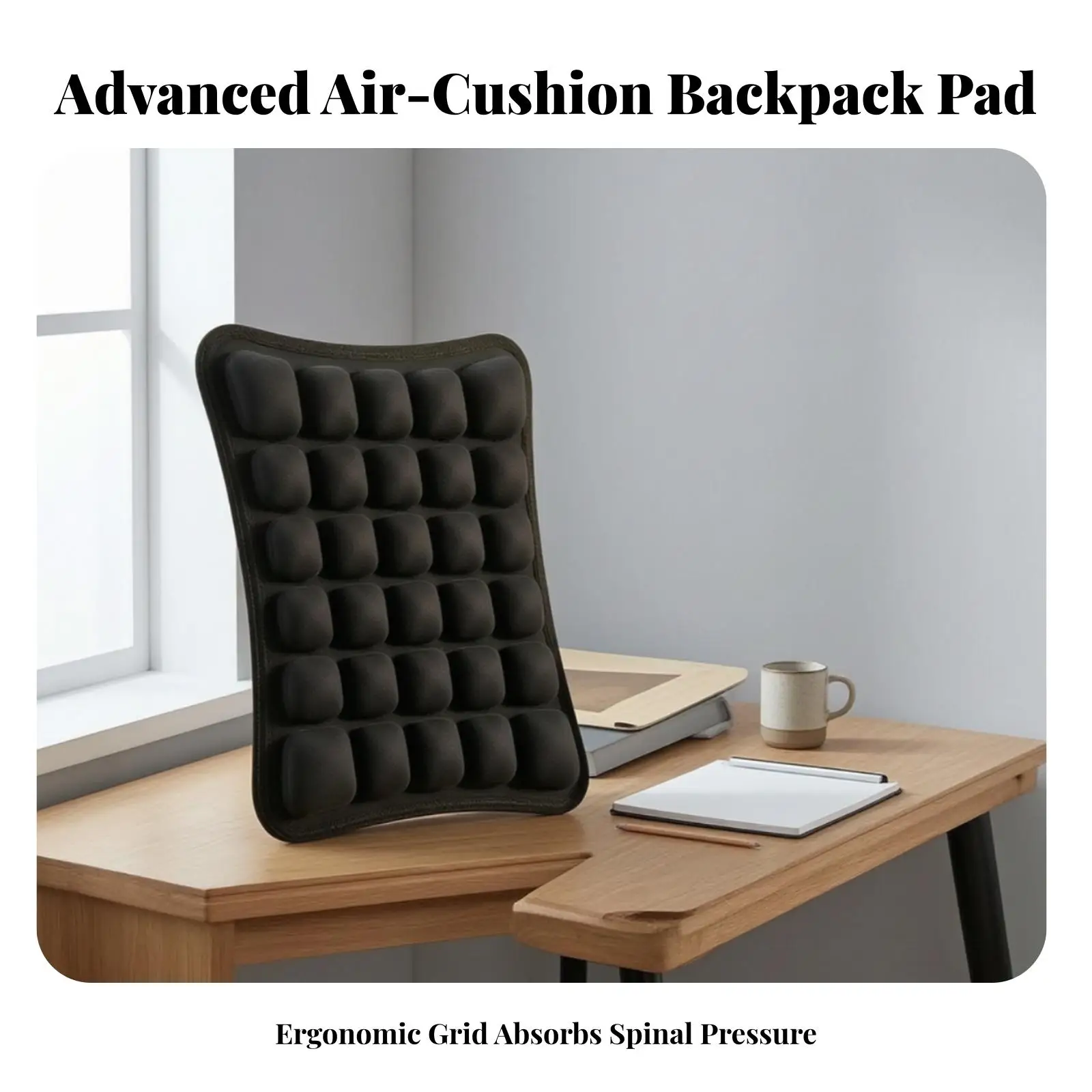 Commuter Back Support Pad for Travel Bag with Raised Air Cell Grid and Secure Hook Loop Mounting System