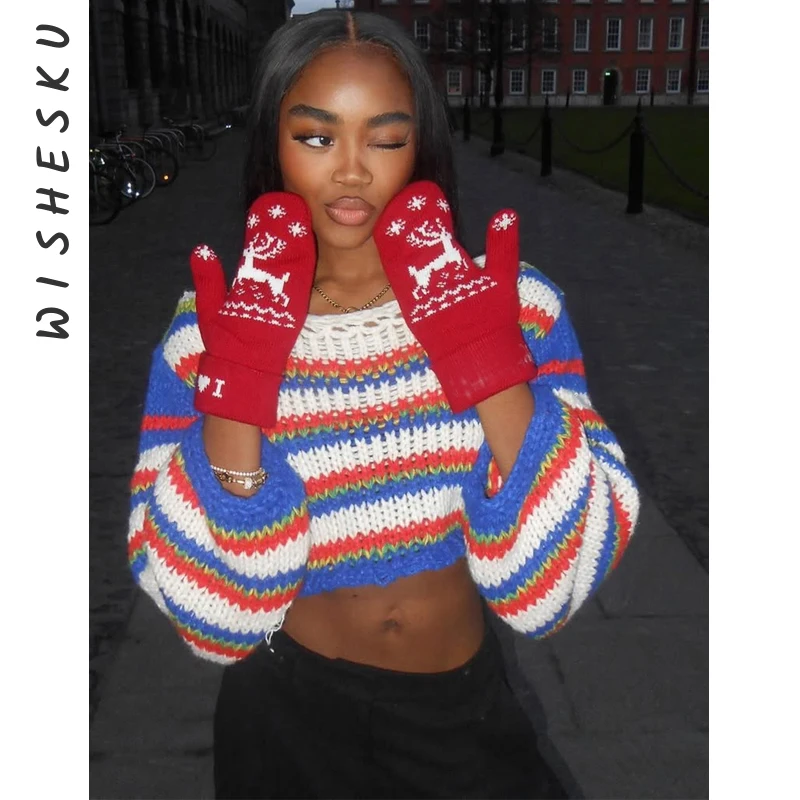 

Vintage 90s Striped Cropped Sweater Women Casual Knitted Crochet Jumpers 2025 Fall Spring Chic Long Flared Sleeves Pullover Tops