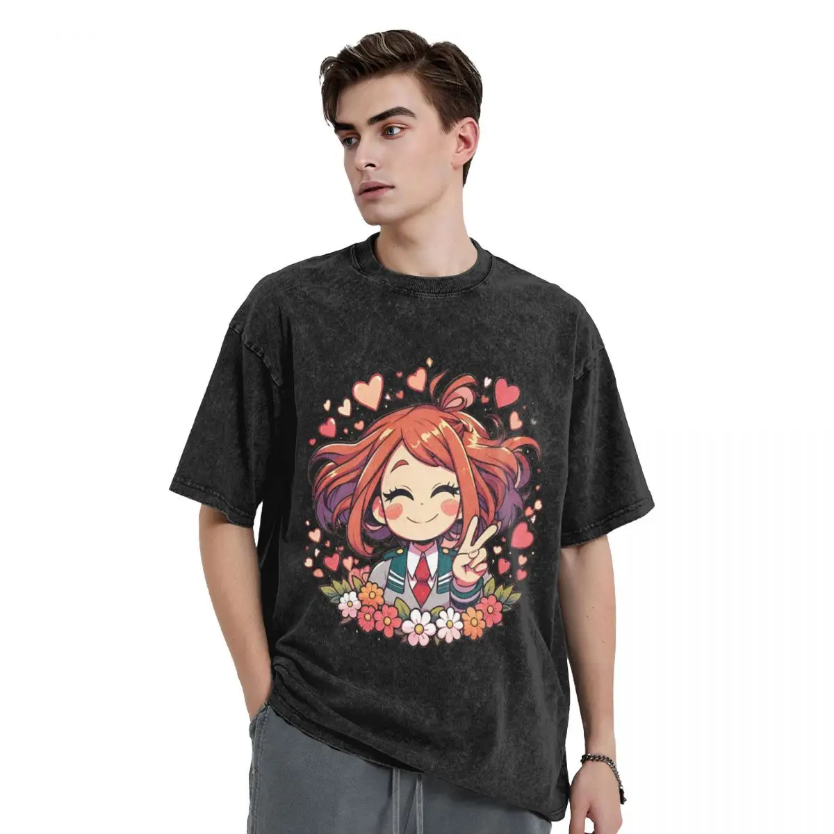 My Hero Academia Ochaco Uraraka Washed T Shirts Streetwear Hip Hop T-Shirt Tees Tops Men Women 100% Cotton Harajuku Printed