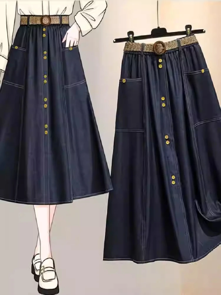 Große Größe Sommer Hohe Taille Weiche Denim Rock Frauen Eis Seide Atmungsaktive Taste Röcke Lose Vielseitig A-linie Regenschirm Rock
