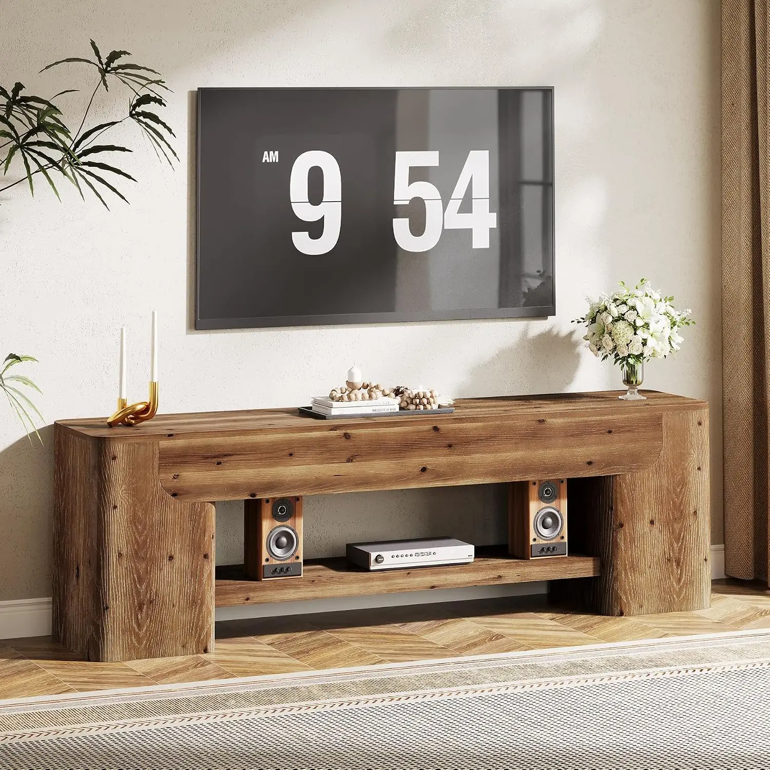 Solid Wood TV Stand for TVs up to 75 Inch, Farmhouse Entertainment Center with 2-Tier Storage, 63