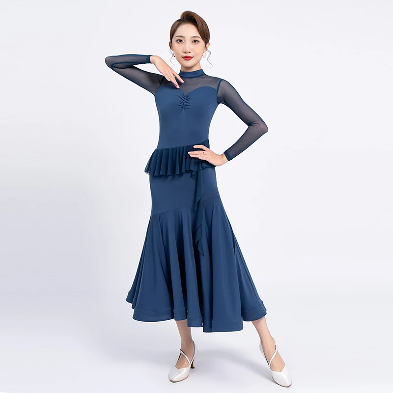 

Adult Fashion Ballroom Dance Dress Mesh Stitching Waltz Practice Wear Female Tango Standard Dancing Performance Dress YS4550