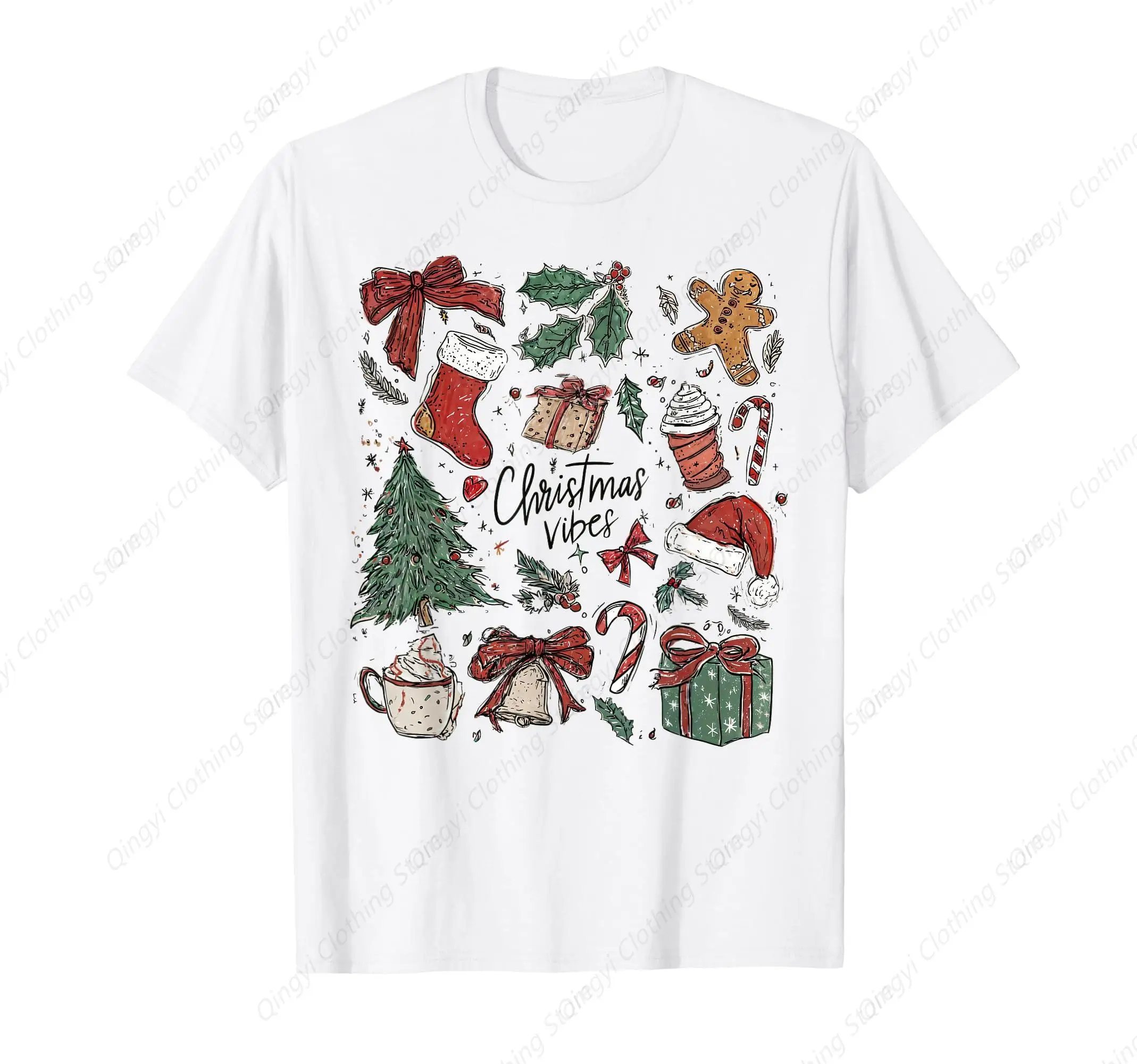 

Christmas Vibes Xmas Tree Hot Chocolate Coquette Bow Santa T-Shirt