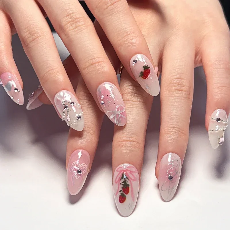 Nail Art-Faux ongles ronds avec nœud papillon élégant, décoration de fleur de tulipe, perle, léon, amande, N64.souhaits on N64.Manucure