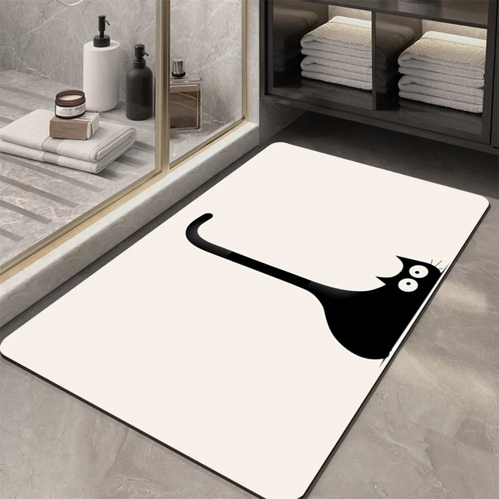 Off-white big-eyed cartoon cat diatom bath mat black cat print non-slip quick-absorbent dry floor mat indoor shower Doormats