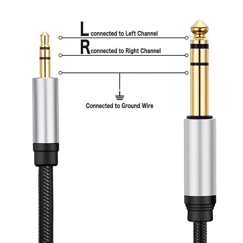 1.5m Stereo Braid Cord TRS 1/8 3.5mm to 1/4 6.35mm Jack Adapter AUX Audio Cable for MP3 Phone PC Guitar Amplifier Speaker Mixer