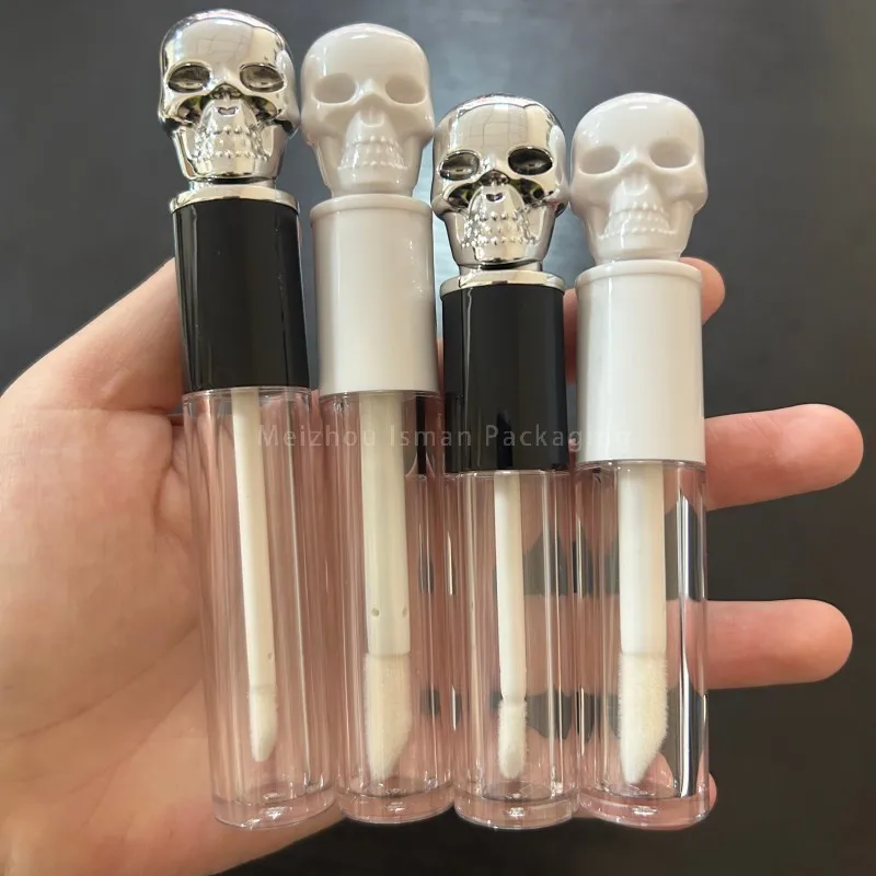 50pcs Halloween unique grande brosse blanc argent crâne lèvres glaçure tube vide tête humaine brillant à lèvres conteneur tubes vides 5 ml 3 ml