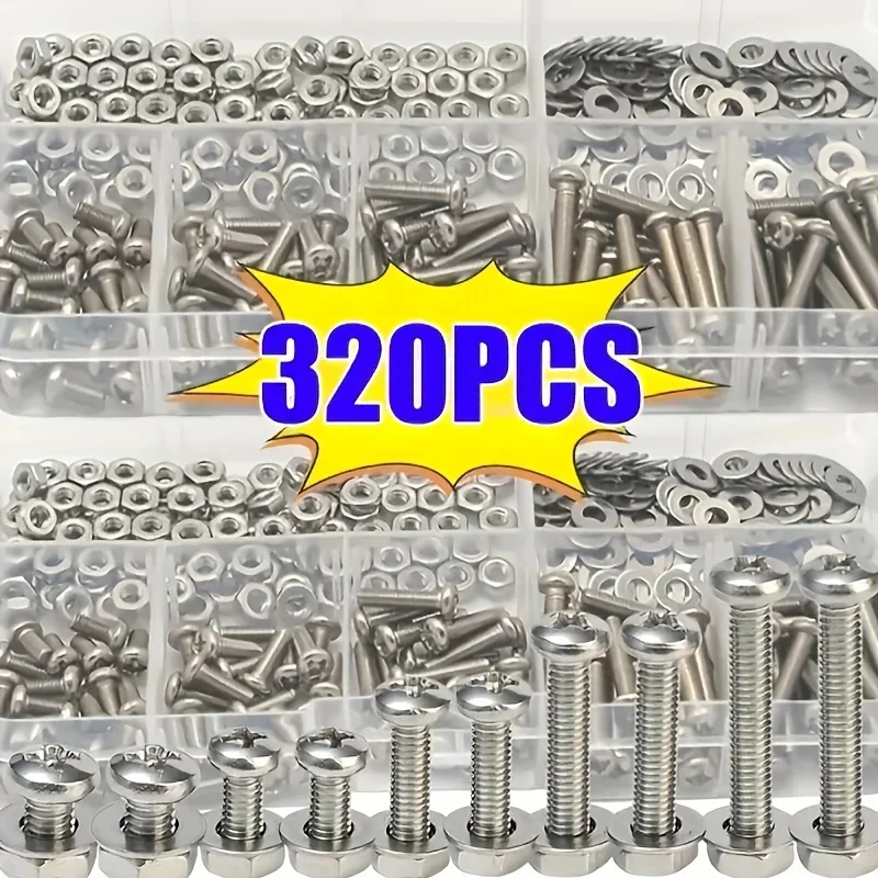Kit de 320 Peças de Parafusos, Porcas e Arruelas, Conjunto de Ferragens Métricas à Prova de Ferrugem M2-M5 para Reparos Domésticos e Uso Industrial