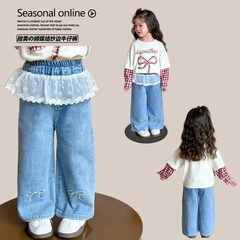 

Korean Children's Clothing Baby Girls Cute Lace Wide Leg Pants Spring Autumn Bow Blue Jeans Casual Soft Denim Trousers Ages 2-9Y