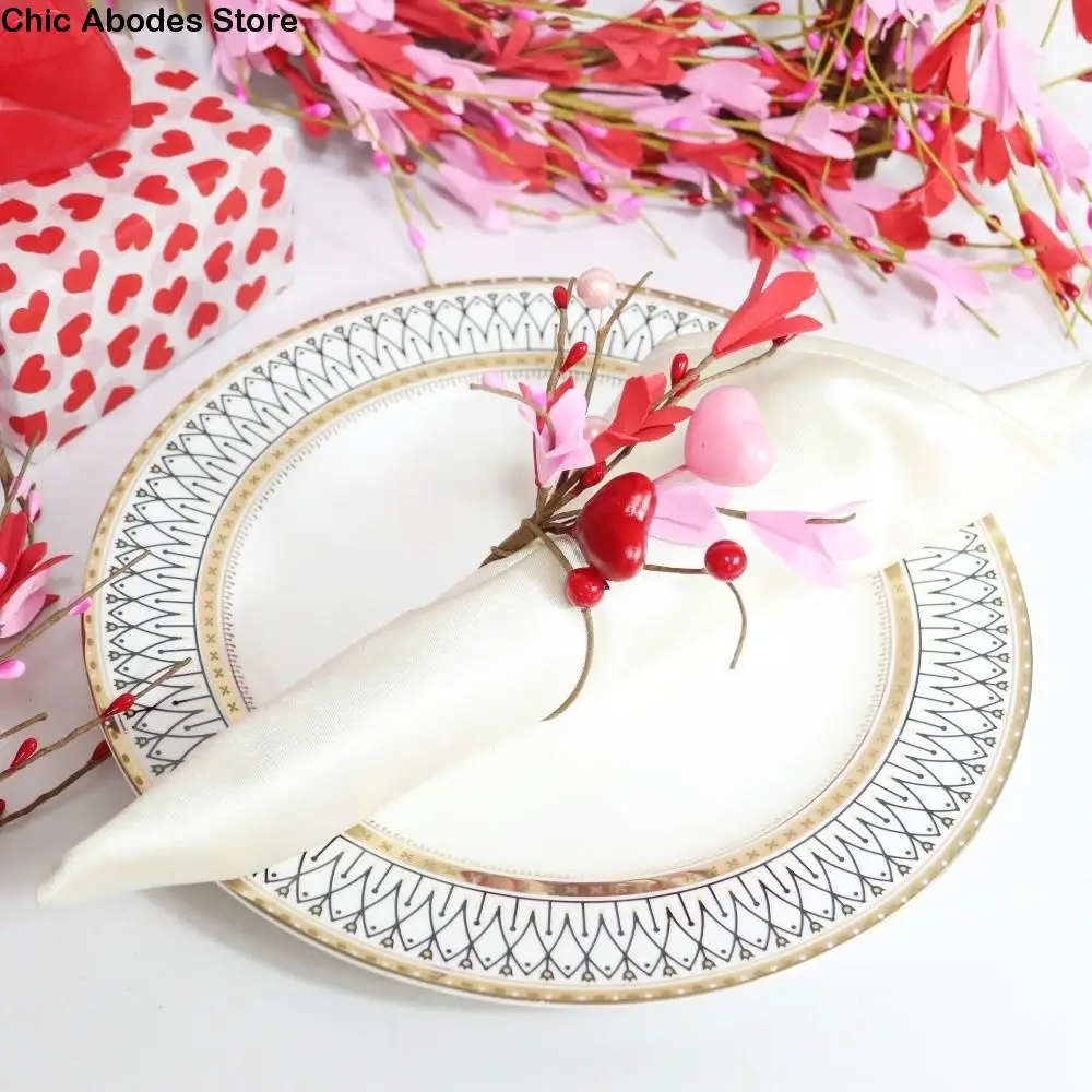 

5PCS Love Theme Artificial Flower Napkin Ring Romantic Design Heart Symbol Napkin Holder Elegant Napkin Buckle Home Decoration