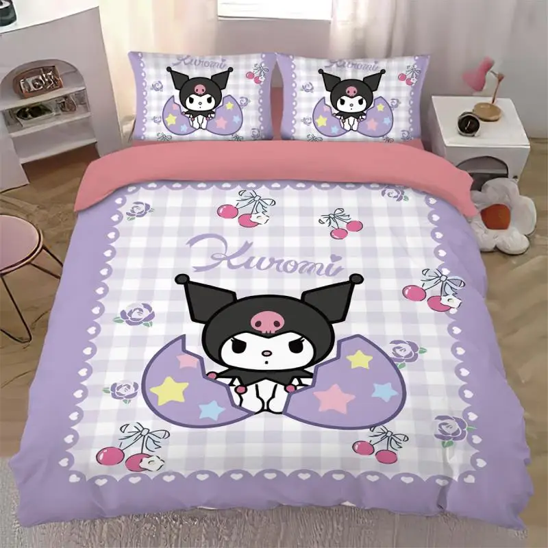 

Постельное белье Sanrio из аниме Kawaii Kuromi, комплект из 3 и 4 предметов, постельное белье с милым мультяшным принтом, украшение, прекрасный подарок для девочек