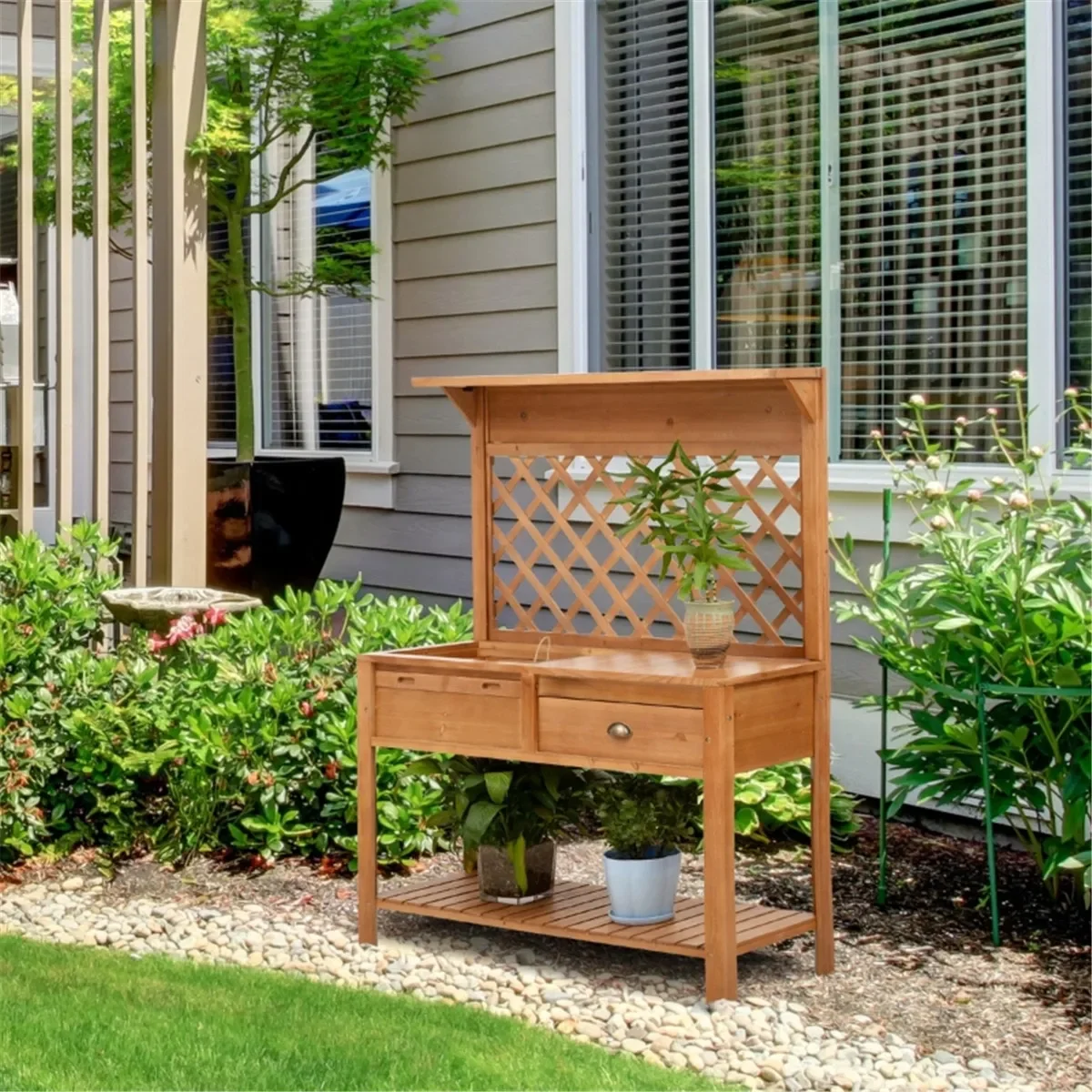 

1 x Potting table,Garden/balcony plant support,with Small shelf above the tabletop and bottom shelf,screen,Natural Wood Color