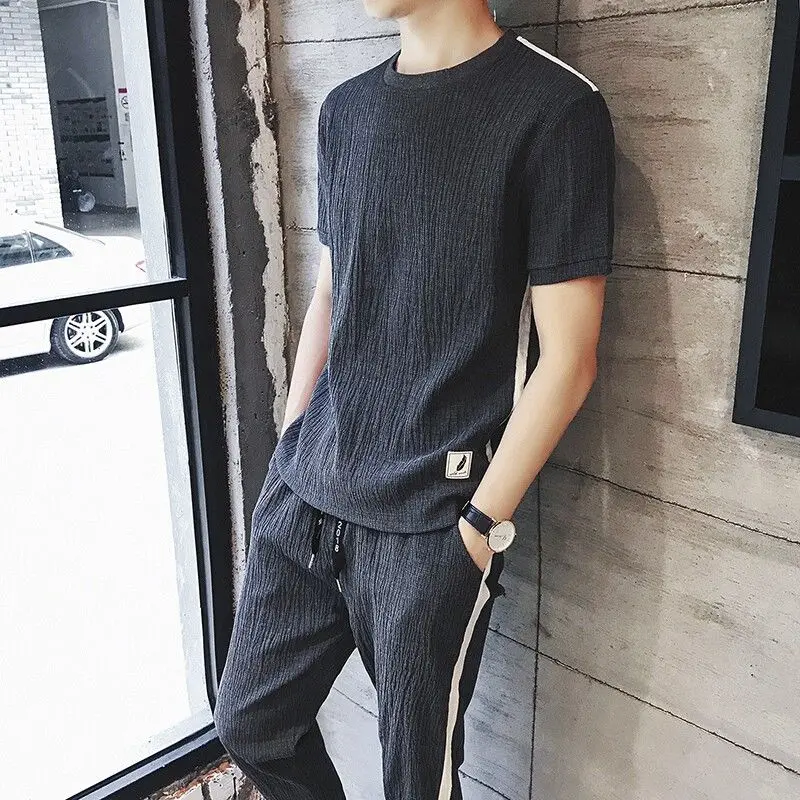 

Male T Shirt Trousers Sets Grey Men's Pants Set Sports Suits Fashion Man 2025 Loose Stretch High Quality Baggy Polyester Cool