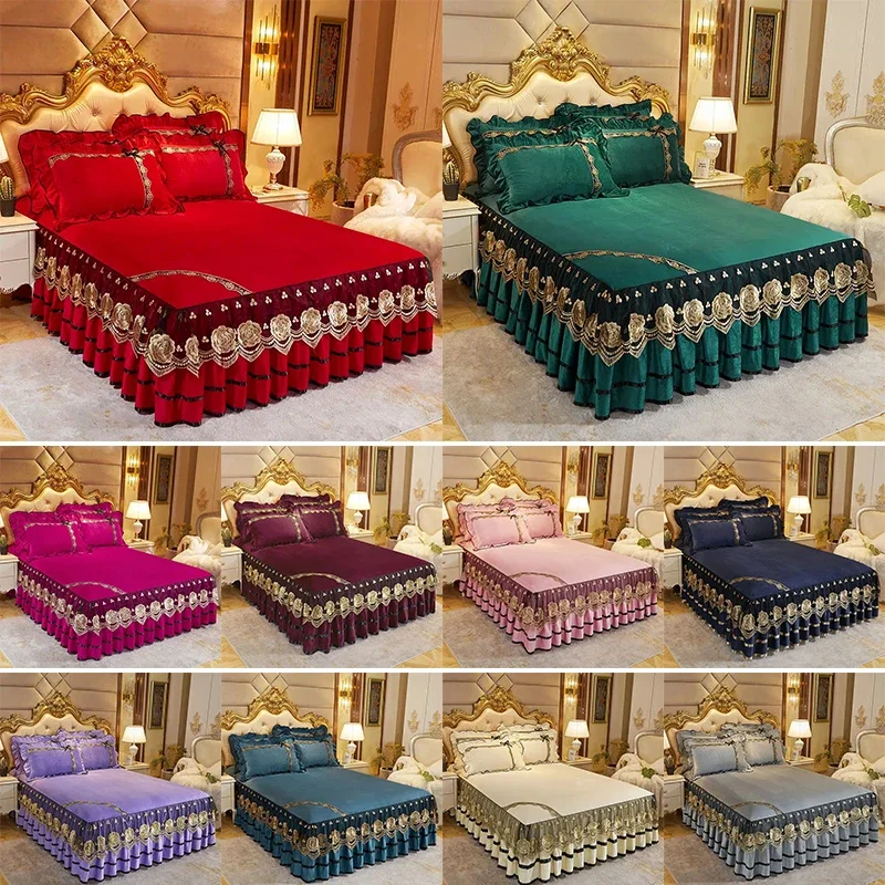 

Embroidery Cotton Bedsheet Double Bed Sheet Classic Lace Bed Sheet Bed Skirt Machine Washable Wedding Bedspread Mattress Cover