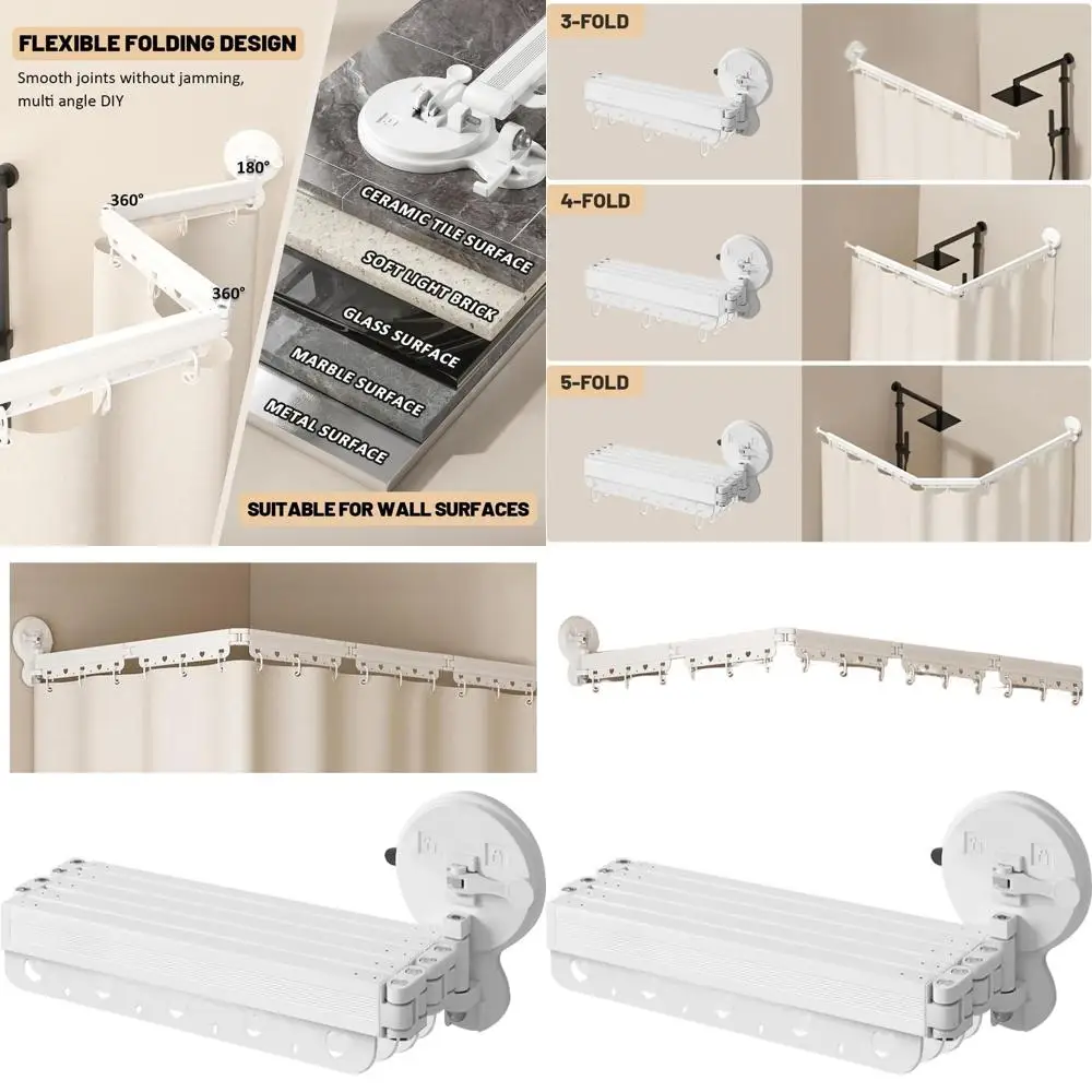 

Adjustable Corner Shower Curtain Rod with Suction Cups, 5-Fold, 68 Retractable for Bath and Laundry