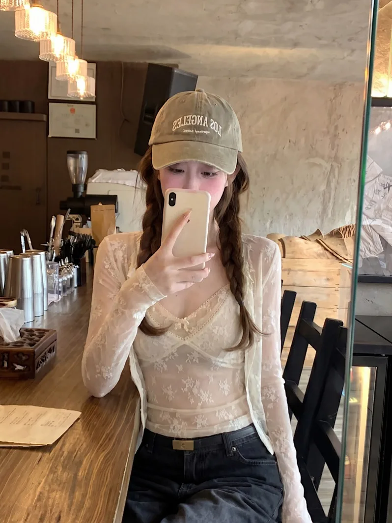 

Pure Desire Spicy Girl Lace Embroidery Mesh Strap Vest Women Summer Outer Sun Protection Long Sleeve Open Cardigan Two Piece Set