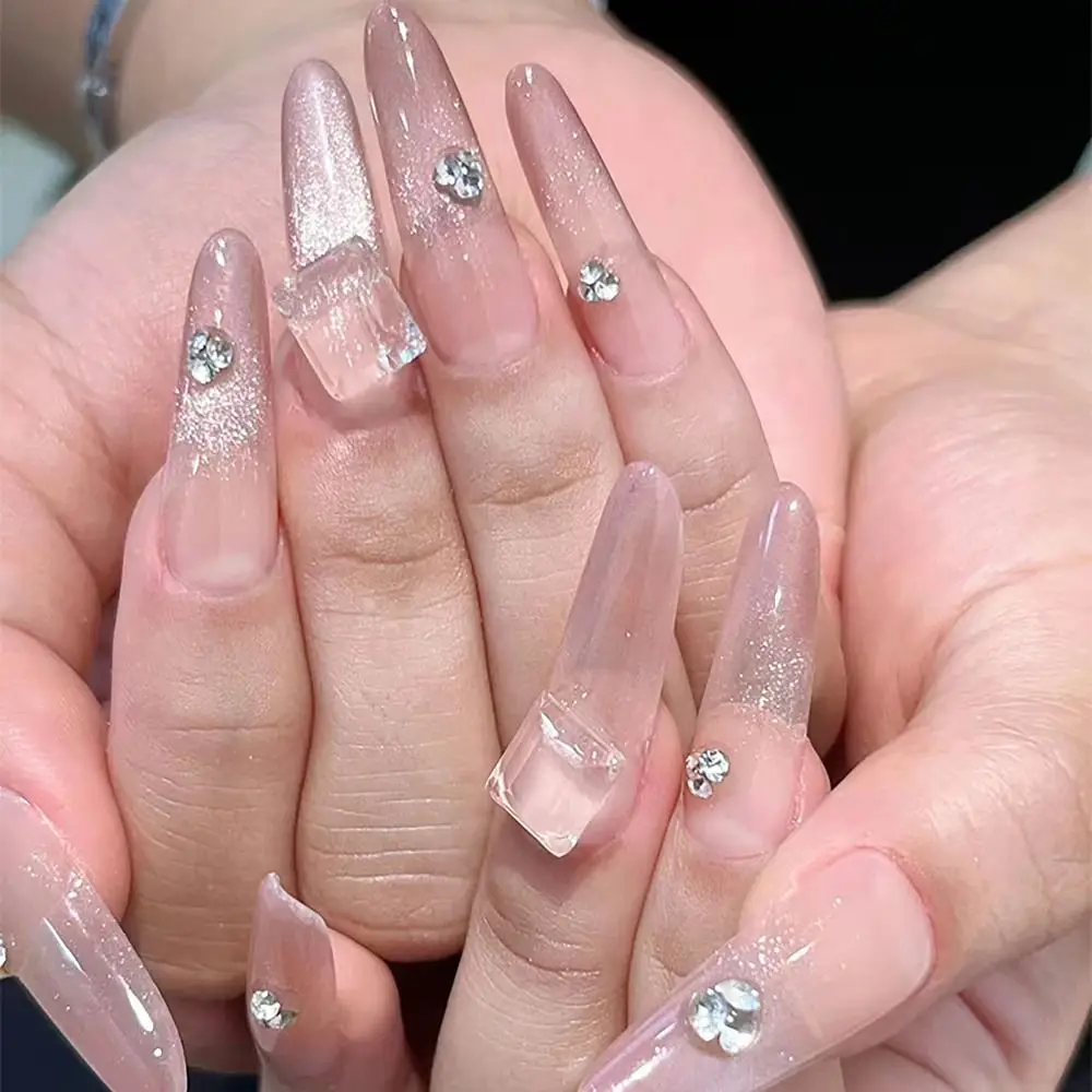 24/30PCS Cat Eye Gradient False Nail Flower Butterfly Love Rainbow Blur Press on Nails Full Cover with Jelly Stickers Fake Nail