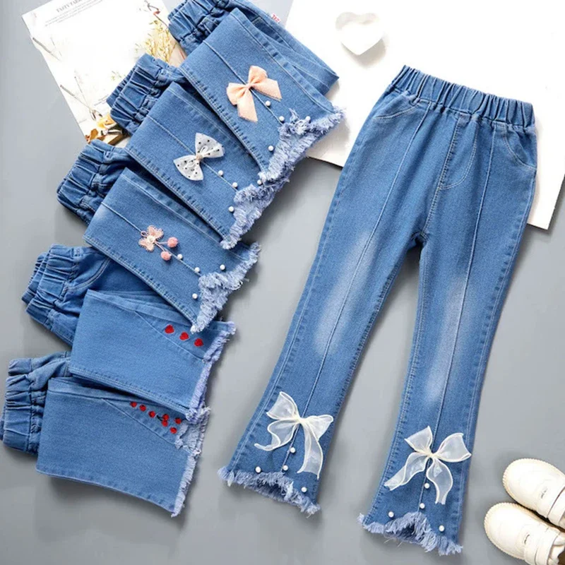 Girls Jeans Pants New Kids Denim Trousers Children Fashion Bell Bottoms Spring Autumn Baby Girls Cute Casual Pants 4-10 Years