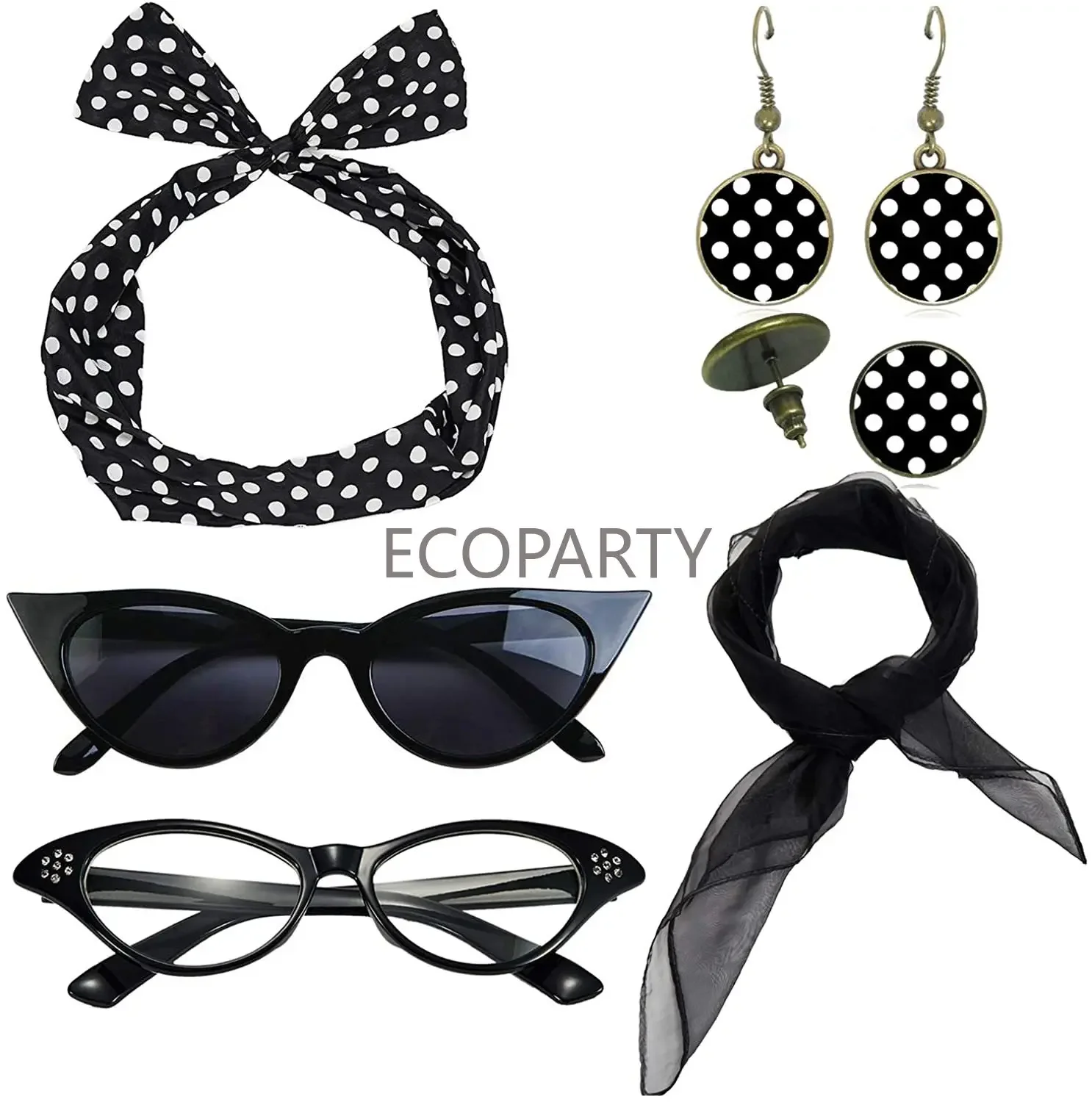 

1950's Womens Costume Accessories - 50s Chiffon Scarf,Cat Eye Glasses,Bandana Tie Headband,Drop Dot Earrings Ecoparty