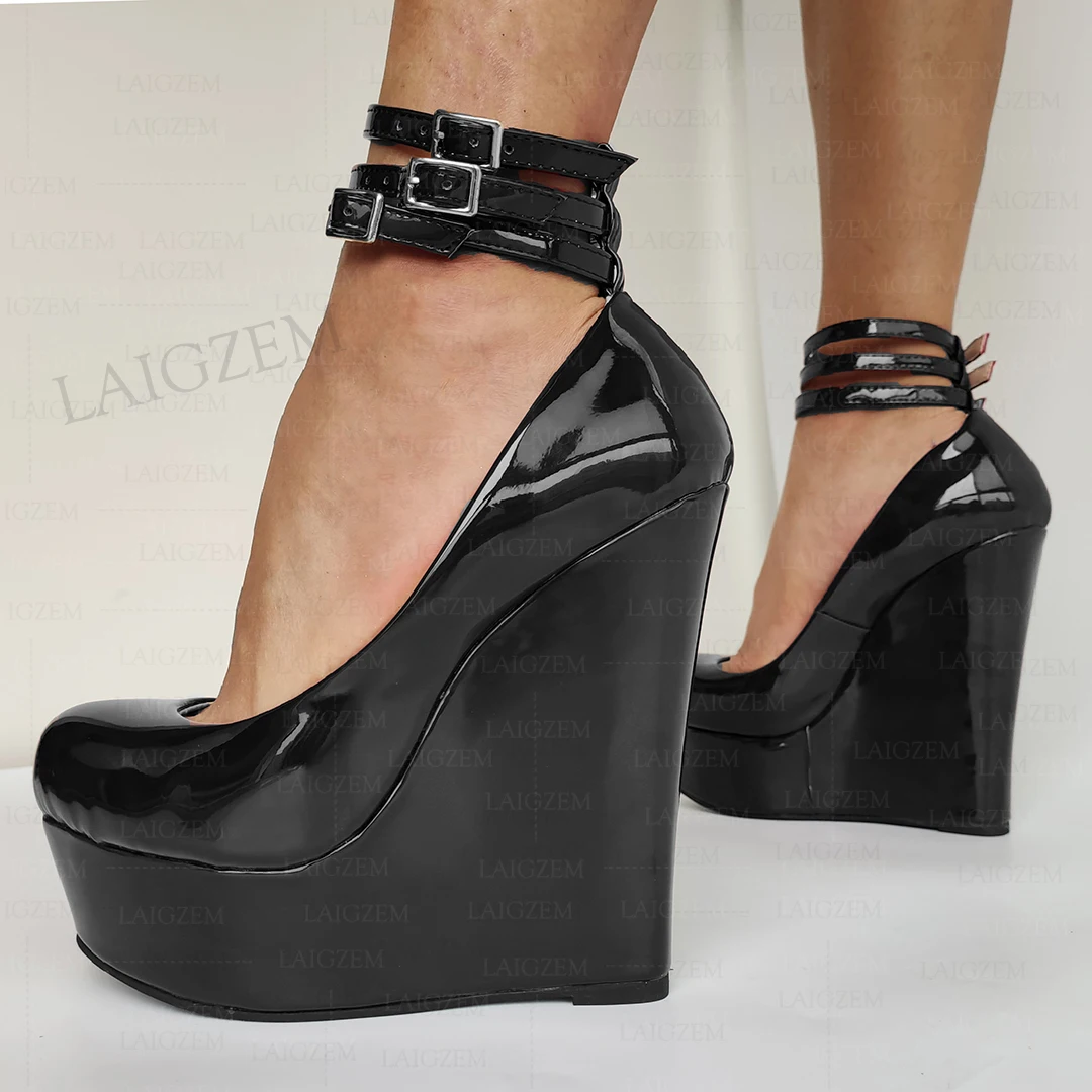 LAIGZEM donna piattaforma zeppe pompe punta tonda tacchi alti sandali altezza aumento partito Prom scarpe da donna donna taglia grande 41 52