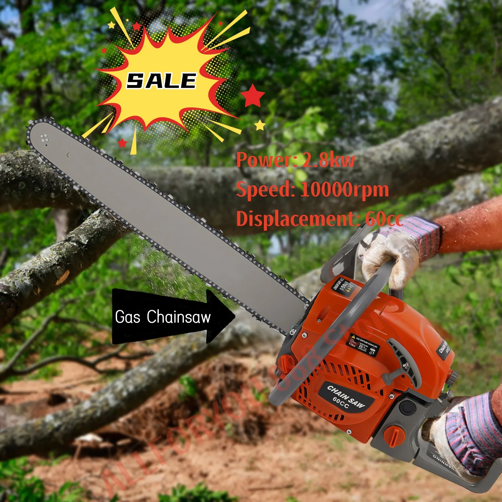 60CC 2 Strok Gasoline Powered Chainsaw Gas Chain Saws Cutting Wood with 22'' Guide Bar