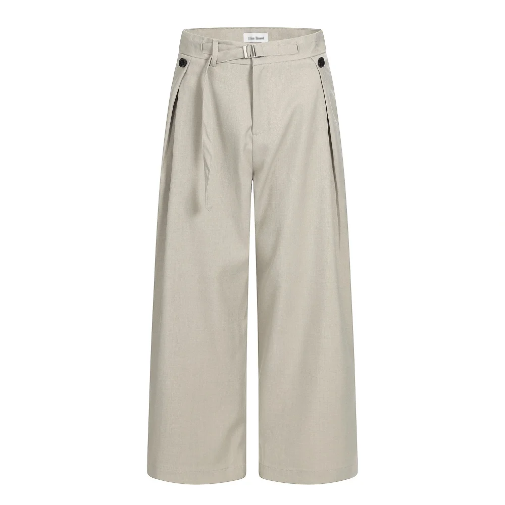 

Pleated Spliced Casual Pants Mens Solid Color Button Decoration Retro Wide Leg Baggy Belt Trousers Man