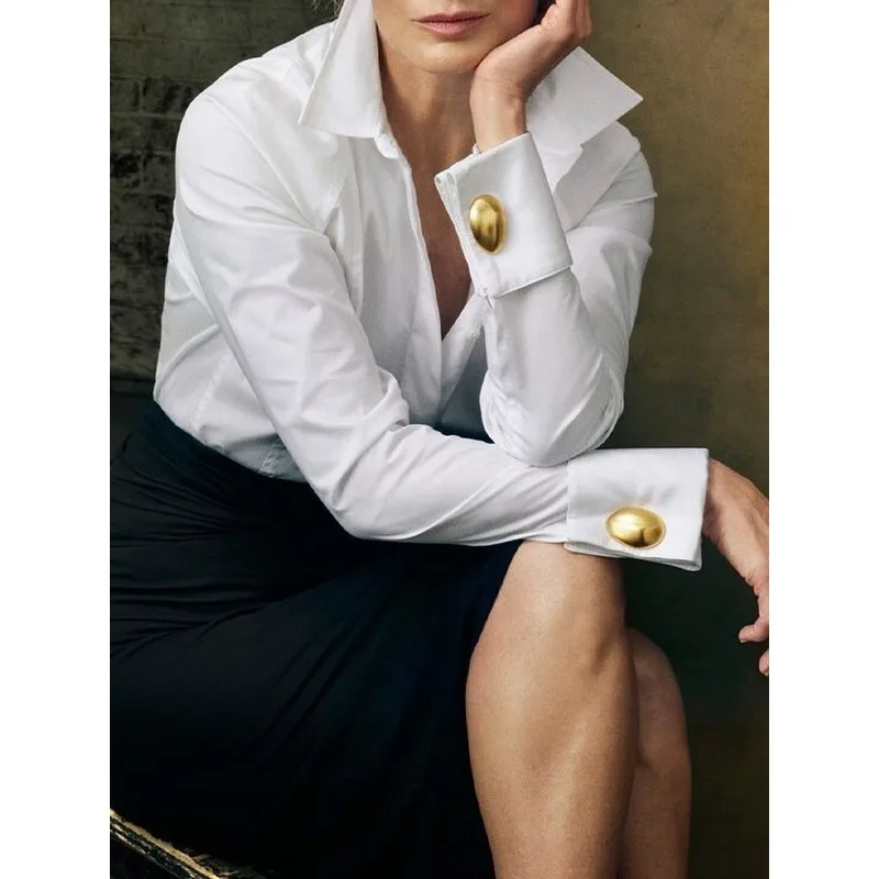 

Tinaa 100%cotton Shirts for Women 2025 Spring Autumn Metal Button Taple Officewear Long Sleeve Solid Color Blouses 173201