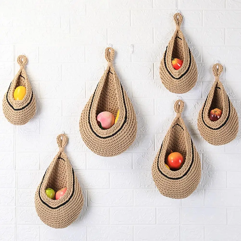 Woven Hanging Wall Basket Cotton Rope Knitted Rustic Boho Jute Waterdrop Shape Fruits Vegetable Storage Net Bag Kitchen Supplies
