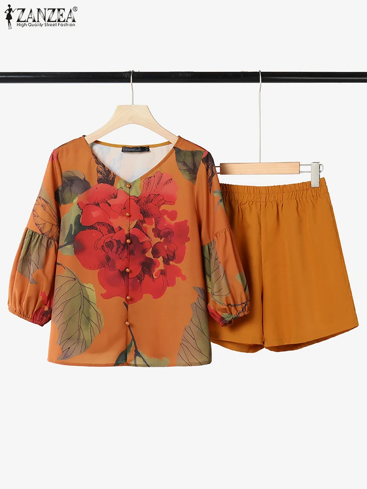 

Bohemain Short Sets ZANZEA Summer Vintage Women Matching Sets 2PCS Holiday Outfit 2025 V-Neck 3/4 Sleeve Printed Blouse Shorts