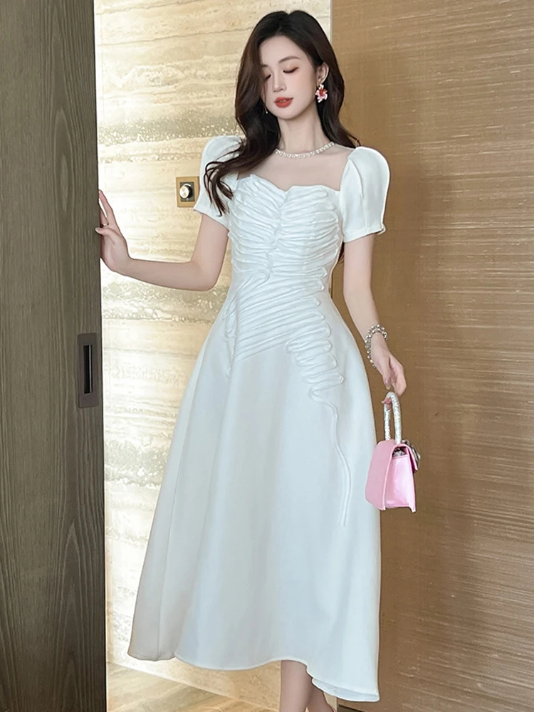 New Summer Casual White Sweet Evening Dress Women Clothes Elegant Retro Sheer Sexy Puff Sleeve Slim Midi Robe Party Prom Vestido