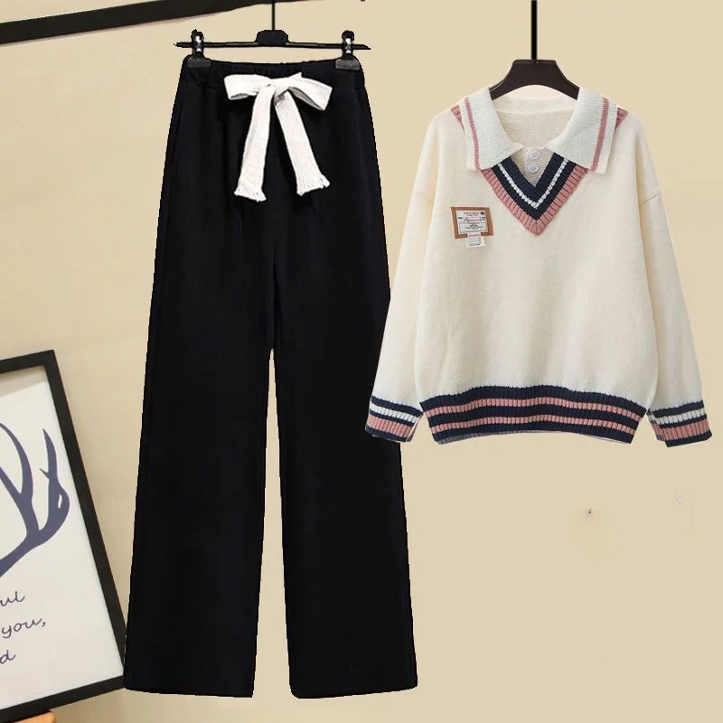 

Thickened Insulation Outfits Women's Autumn Winter Fashion Loose Polo Neck Sweater High Waist Wide Leg Pants Two-piece Set