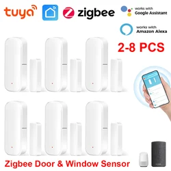 Tuya-Zigbee 3.0 Sensor de porta inteligente, detector de abertura e fechamento, aplicativo Smartlife, notificação de controle, compatível com Alexa e Google Home, 2-8 PCs