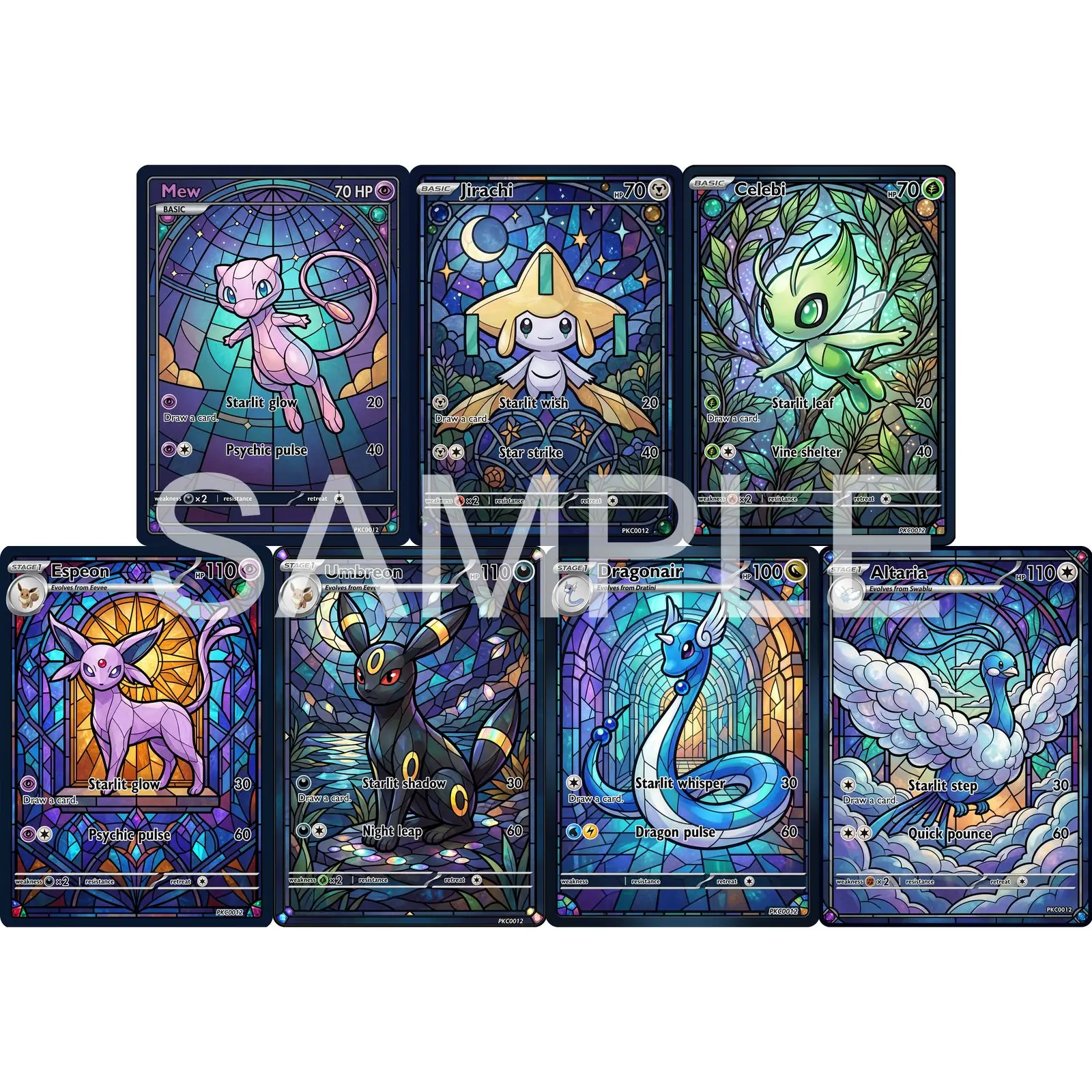 7Pcs PKM Cards PTCG Stained Glass Style Mew Jirachi Celebi Espeon Umbreon Dragonair Altaria Art Collection Cards PTCG Gift