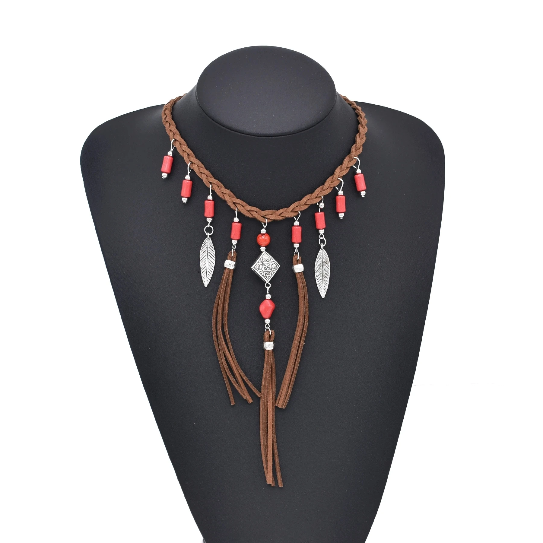 Retro Brown Leather Rope Woven India Necklace Red Blue Acrylic Bead Leaf Tassel Choker Necklaces Ethnic Tribal Statement Jewelry