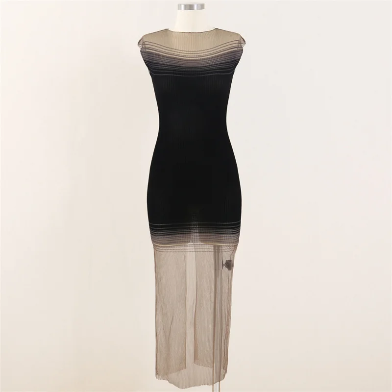 

Womens dresses New Elastic slim fit sleeveless long dress for summer 2025 Half transparent hip wrap skirt gradient party dresses