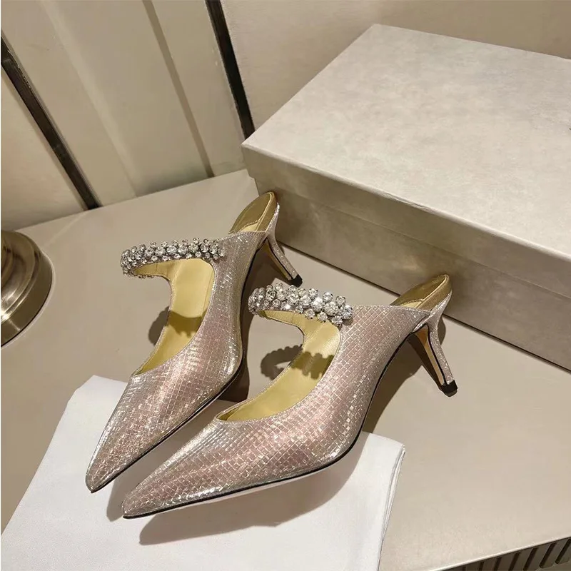 Diamond Glitter Fabric Wedding Shoes Crystal-embellished Strap Slip-on Style Genuine Leather Summer Party Stiletto Women Shoes