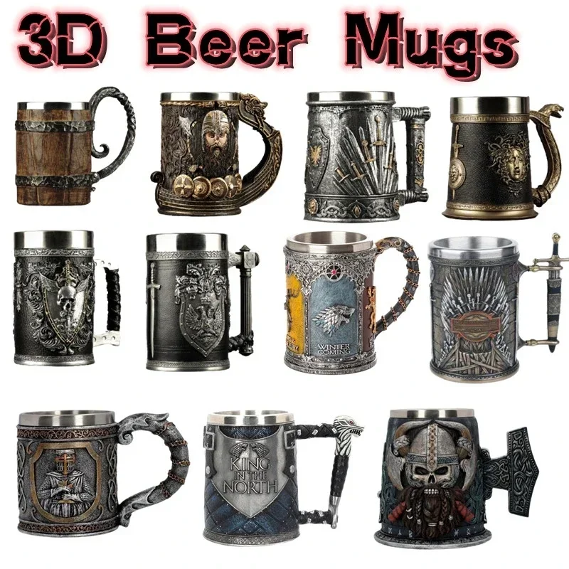 3D Beer Mugs Coffee Cups Gothic Goblet Iron Tankard Stainless Steel Resin Wine Glass Mug 600ML Skull Father\'s Day Gift 1 pcs