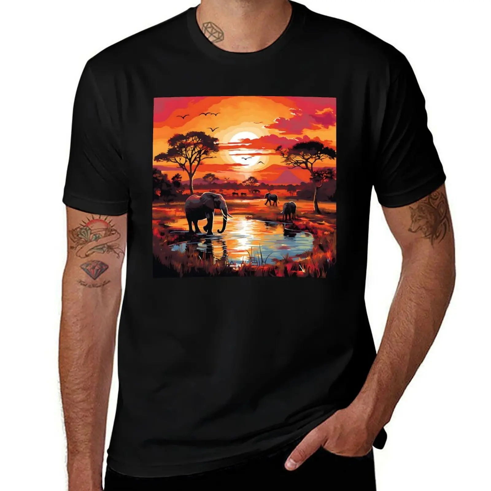 

Majestic elephants at sunset – raw African beauty. T-Shirt oversized aesthetic clothes mens cotton t shirts