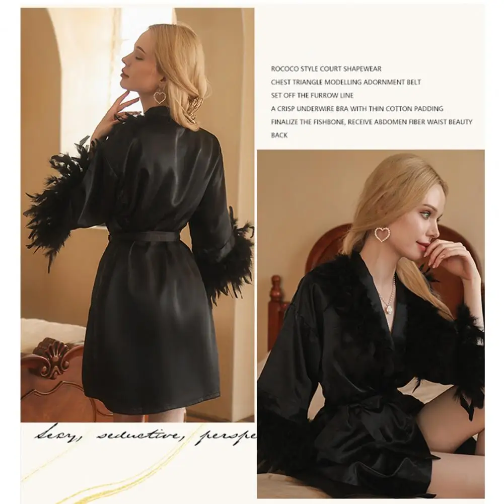 Elegant Lounge Robe Women Pajamas Nightgown Satin Silk Feather Decor Waist Tie Solid Color Sleepwear Morning Robe Sexy