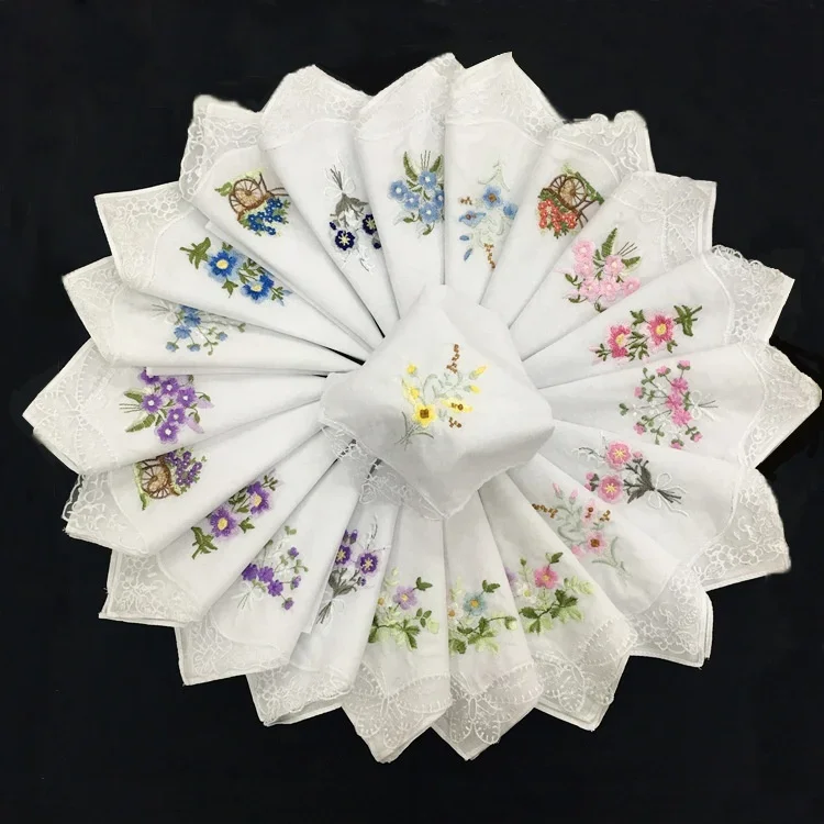 28 x 28CM 60S Japanese Korean Cotton Ladies Embroidered Sweat Handkerchief Small Square White Handkerchief