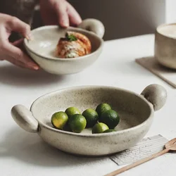 Japanese Shape Rough Pottery Noodle Bowl Retro Modern Irregular Stone Texture Fruit Salad Bowls Afternoon Tea Cake Dessert Plate
