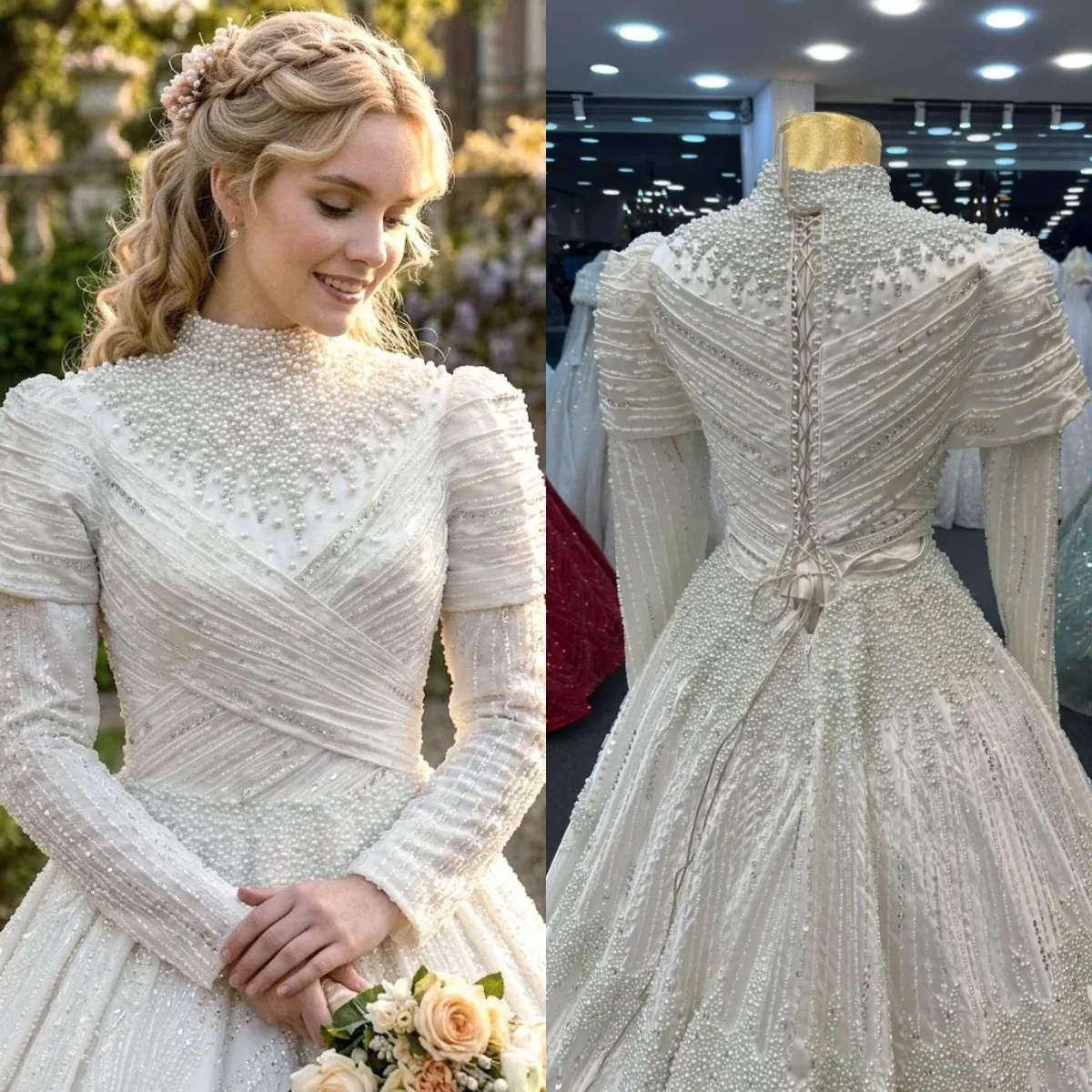 

Custom New Vintage High Neck Beaded Ball Gown Wedding Dress Luxury Long Sleeve Bridal Gown with Cathedral Train Vestido De Novia