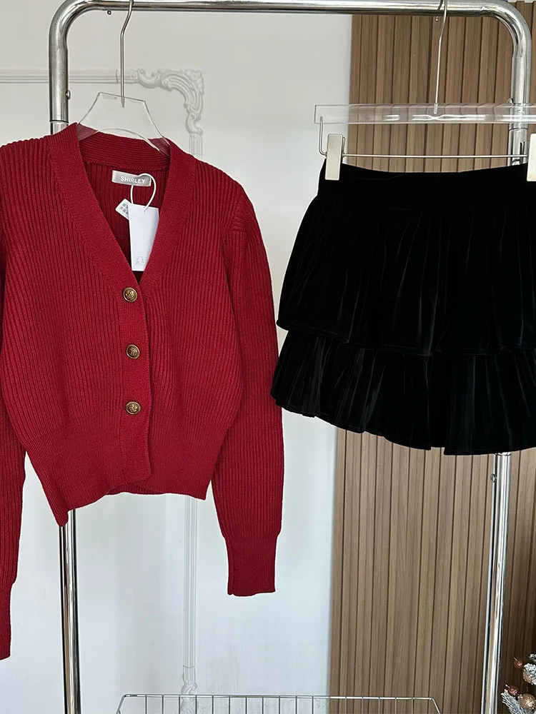 Formal Occasion Outfits 3 Piece Set Blouses + Wrap Hip High Waist Skirts Coquette + Red Knitted Cardigan Autumn Winter Harajuku