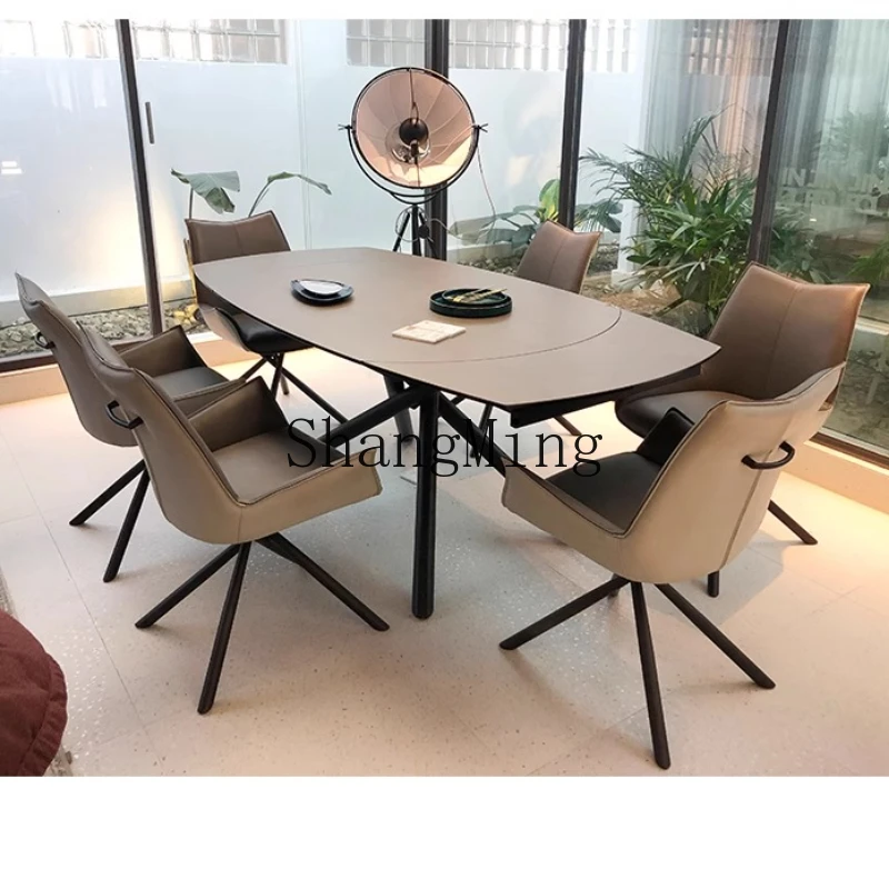 

FG minimalist imported rock slab retractable dining table modern simple living room oval table and chair combination