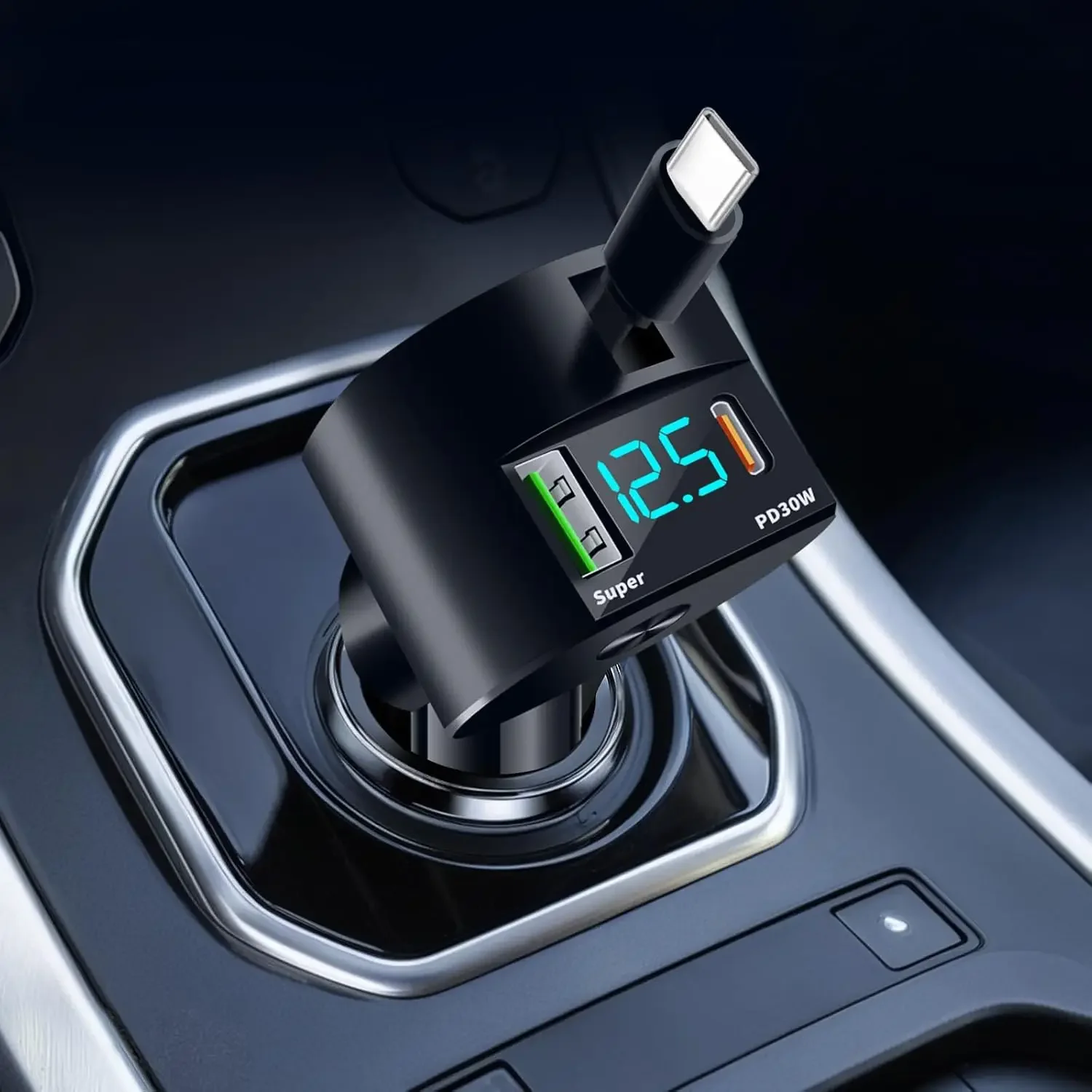 شاحن سيارة قابل للسحب 3 في 1، شحن سريع 69 وات PD30W + 2.4A كابلات مزدوجة لعرض الجهد لهواتف iPhone وAndroid #1